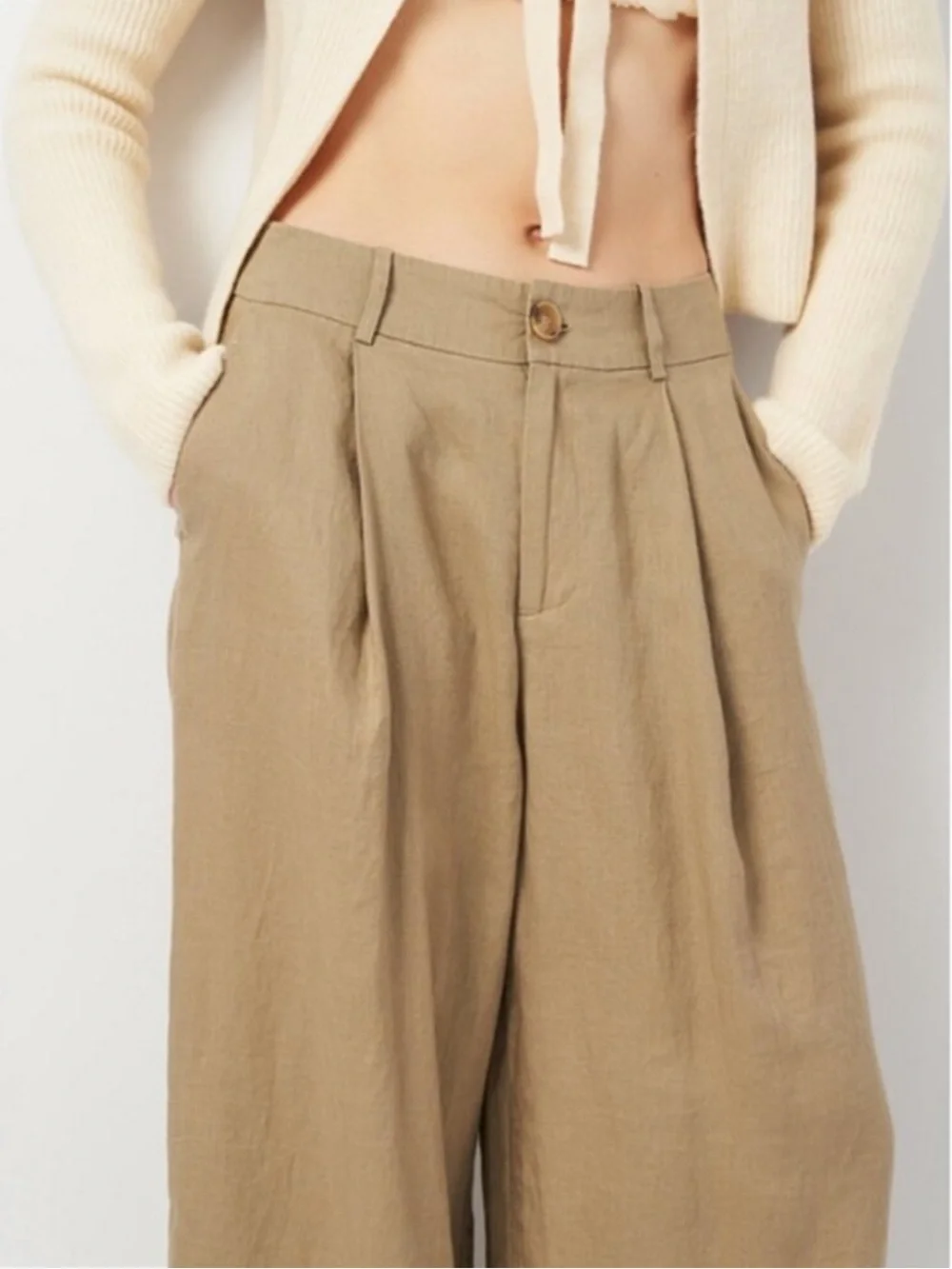 Zara 100% Linen Neutral Tan High Waist Wide Leg Pants M